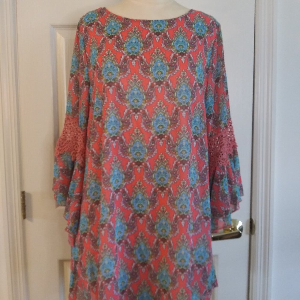 Lady Noiz | Coral Lattice Print Tunic Traditional Southern Colorful | S New
